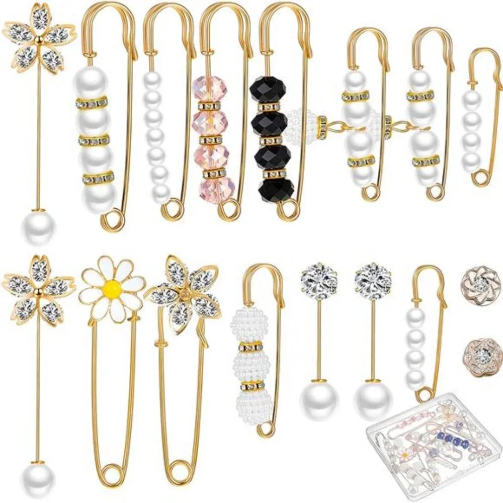 17 Pieces Pearl Brooch Pins Sweater Shawl Clips